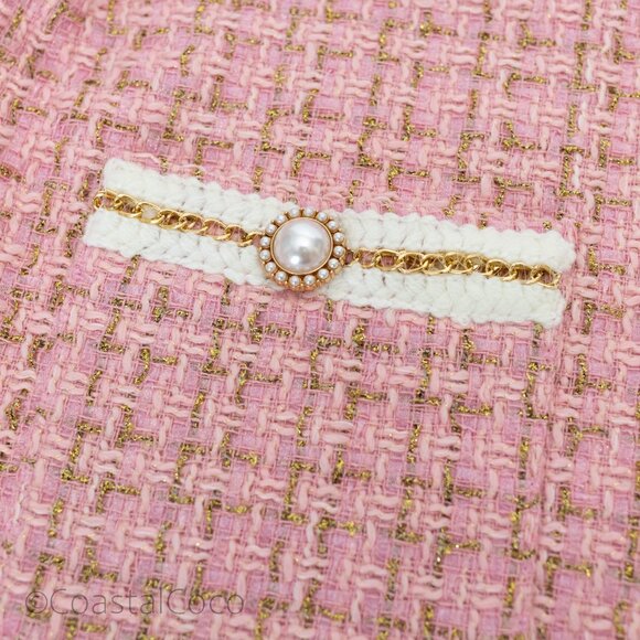 Pink Tweed Pearl Button Cropped Jacket L Blazer Preppy Academia Coastal Grandma - Picture 4 of 13
